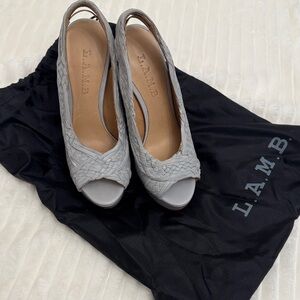 L.A.M.B. Gray Woven Peep Toe Heels